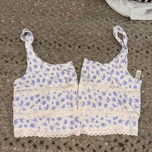 Free People Cream and Light Blue Floral Crochet Crop Top